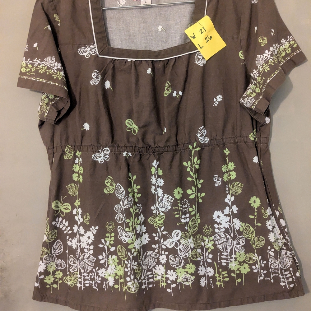 Floral Brown Top with Green Accents